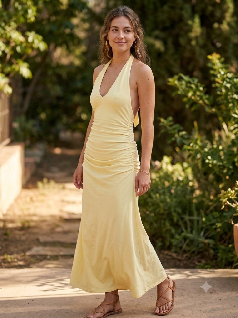 Zara Pale Yellow Backless Halter Midi Dress